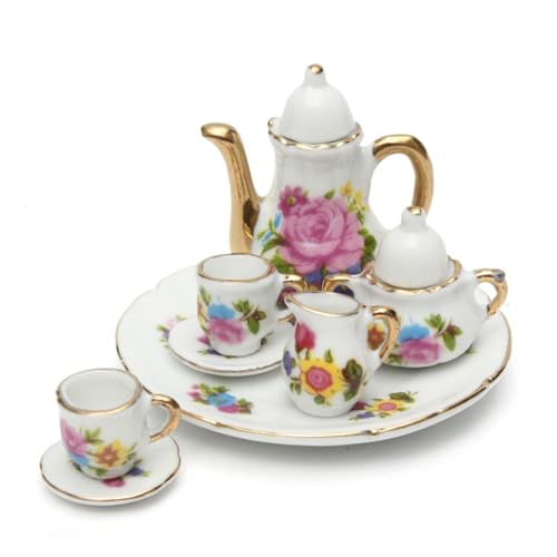 Pastoralist 8pcs 1:12 Miniature Keramik Tee Tasse Set Porzellan Teebecher Set Blumendruck mit Goldener Trimmpuppenhaus Küchenzubehör, Puppenhaus Porzellan Teetasse, Puppenhaus Keramik Tee Tasse von Pastoralist