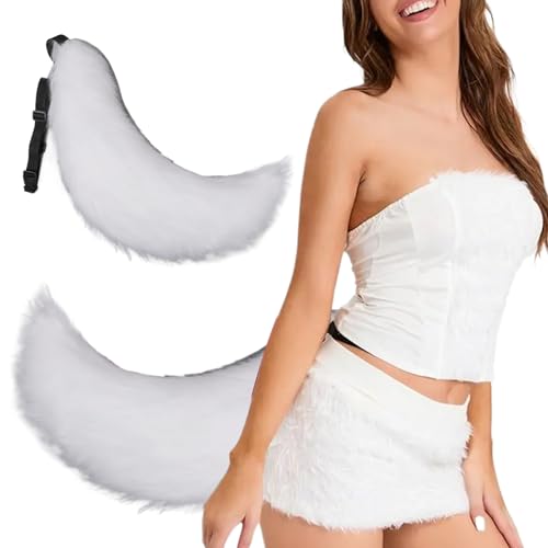 Pastoralist Faux Fur Tail, Therian Tail 27in Halloween Pelry Tail mit Gürtel Design Kunstpelz Wolf Schwanz für Erwachsene Kinder Cosplay Party Kostümzubehör (weiß), Therian Tail von Pastoralist