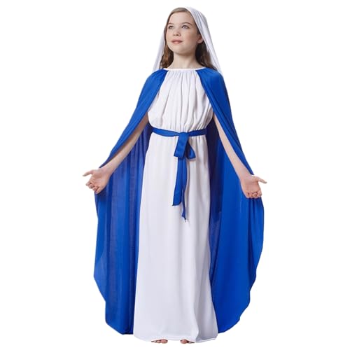 Pastoralist Jungfrau Maria Kostüm für Mädchen, Mary Kostüm -Set mit Cape, White Headscarf & Belt für Weihnachten Halloween Cosplay (Kinder) von Pastoralist