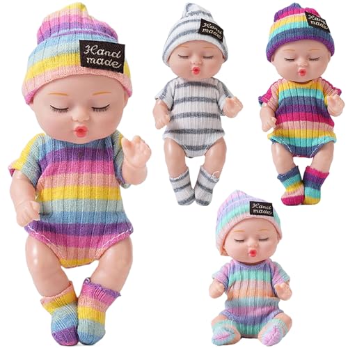 Pastoralist Mini -Babypuppen 4pcs 4 Zoll realistisch schlafend kleine Babypuppen mit Kleidung auf 4 Farben beweglichen Gelenk winzige Babypuppe, Geschenke für Mädchen, gestreifte Kleidung von Pastoralist