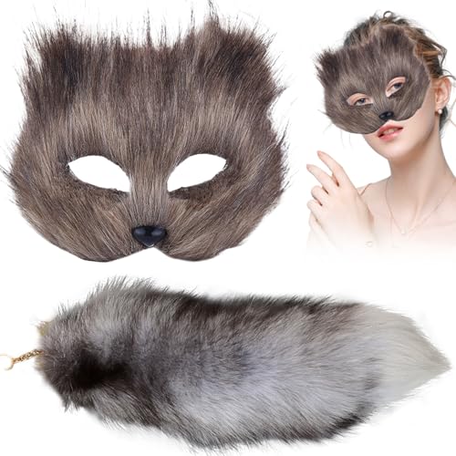 Pastoralist Pelzmaske, Katzenfuchsmaske Handschuhe und Schwänze Set Cat Therian Face Maske Halloween Animal Fox Tail Cosplay Kostümzubehör von Pastoralist