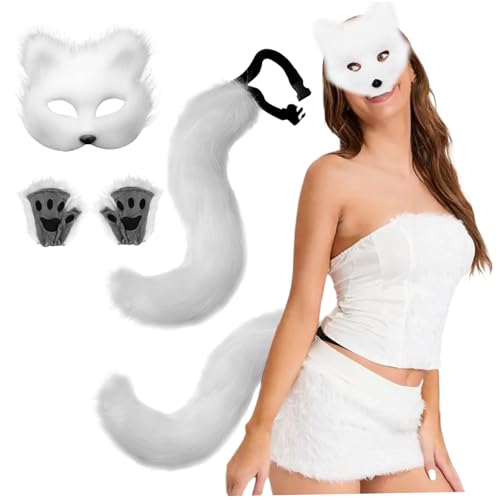 Pastoralist Pelzmaske, pelzige Kostüme, Katzenfuchsmaske Handschuhe und Schwänze Set Pelz Cat Therian Face Maske Halloween Animal Fox Tail Cosplay Kostümzubehör, Weiß von Pastoralist