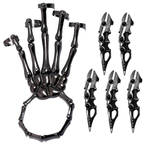 Skeletthandarmband mit 5pcs Vollfinger Ringen Punk Gothic Schmuck mit beweglicher Gelenkschachtel Alloy Halloween Schmuck für Cosplay, Party, Kostüm, Schwarz, Skelettarmband, Skeletthandbrazele von Pastoralist