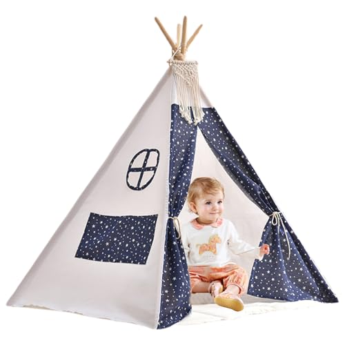 Teepee Zelt für Kinder Sternenmuster Kinder Spielen Zelt mit Türvorhang & Skylight 31.5 x 31,5 x 43 Zoll Baumwollwäsche Leinen Kleinkind Zelt mit Quasten für Indoor, Kinder Spielen Zelt, Zelt für Kin von Pastoralist