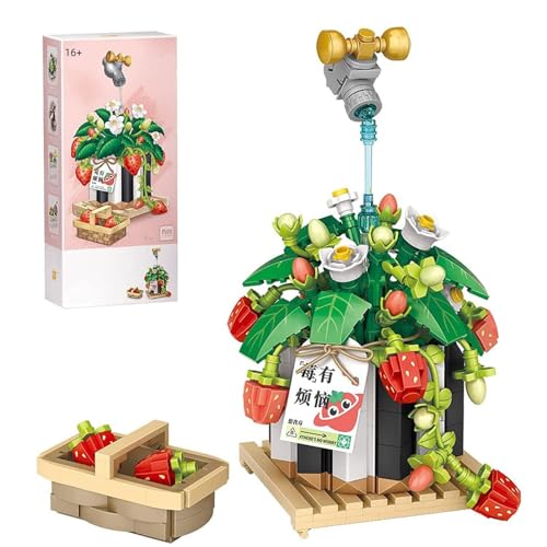 Bonsai Pflanzen Bausatz, Erdbeer und Amaryllis Strauß im Topf Mini Baustein Bausatz, kreativer DIY Kunstblumen Bausatz, Geschenk für Kinder und Erwachsene von Pasyru