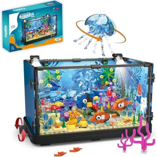 Pasyru Aquarium Baustein Bausatz mit LED Licht, 725 Teile Aquarium Fish Tank Quallen Fisch Baustein Spielzeug, Kreative Geschenke für Kinder Erwachsene(7023) von Pasyru