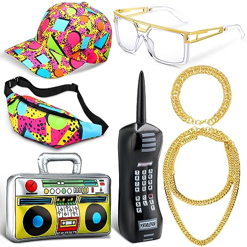 Paterr 7 Pcs 80er 90er Jahre Hip Hop Kostüm Kit 80er 90er Jahre Fanny Pack 90er Outfit Hut Glas Faux Gold Seil Kette Aufblasbare Radio Boombox Aufblasbares Handy für Frauen Männer Rapper DJ Kostüm von Paterr