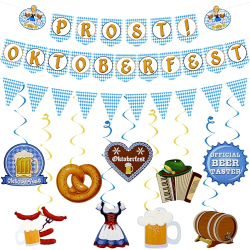 PatiCool Oktoberfest Deko Set, PROST OKTOBERFEST Banner - Bayerische Blau Weiß Wimpelkette - 9 Stück Oktoberfest Hänge-Deko, Bayerische Deko für Oktoberfest Party, Bierfest von PatiCool