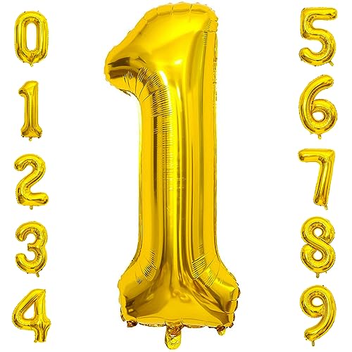 PatiCool Zahlen Luftballon 1 Gold, 100cm - 40 Zoll Luftballons Geburtstag, XXL Riesen Folienballon 1 Gold Geburtstagsdeko, Helium Ballons Zahlen für Kinder, Junge, Mädchen von PatiCool