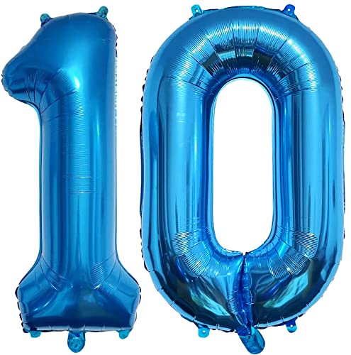 PatiCool Zahlen Luftballon 10 Blau, 100cm - 40 Zoll Luftballons Geburtstag, XXL Riesen Folienballon 10 Blau Geburtstagsdeko, Helium Ballons Zahlen 10 für Kinder, Junge, Mädchen von PatiCool