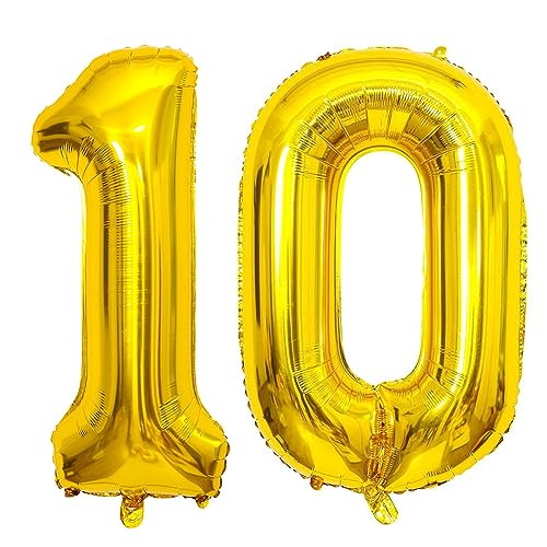 PatiCool Zahlen Luftballon 10 Gold, 100cm - 40 Zoll Luftballons Geburtstag, XXL Riesen Folienballon 10 Gold Geburtstagsdeko, Helium Ballons Zahlen 10 für Kinder, Junge, Mädchen von PatiCool