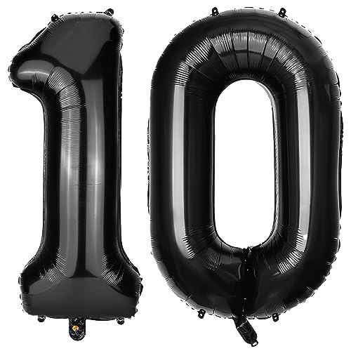 PatiCool Zahlen Luftballon 10 Schwarz, 100cm - 40 Zoll Luftballons Geburtstag, XXL Riesen Folienballon 10 Schwarz Geburtstagsdeko, Helium Ballons Zahlen 10 für Kinder, Junge, Mädchen von PatiCool