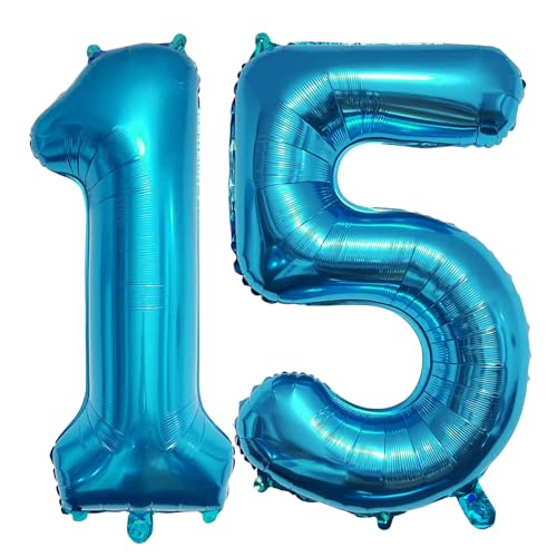 PatiCool Zahlen Luftballon 15 Blau, 100cm - 40 Zoll Luftballons Geburtstag, XXL Riesen Folienballon 15 Blau Geburtstagsdeko, Helium Ballons Zahlen 15 für Kinder, Junge, Mädchen von PatiCool