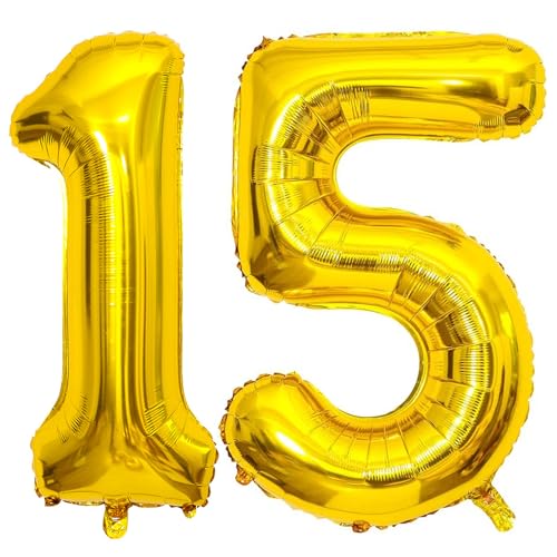 PatiCool Zahlen Luftballon 15 Gold, 100cm - 40 Zoll Luftballons Geburtstag, XXL Riesen Folienballon 15 Gold Geburtstagsdeko, Helium Ballons Zahlen 15 für Kinder, Junge, Mädchen von PatiCool