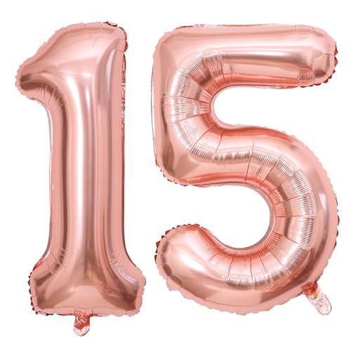 PatiCool Zahlen Luftballon 15 Rosegold, 100cm - 40 Zoll Luftballons Geburtstag, XXL Riesen Folienballon 15 Rosegold Geburtstagsdeko, Helium Ballons Zahlen 15 für Kinder, Junge, Mädchen von PatiCool