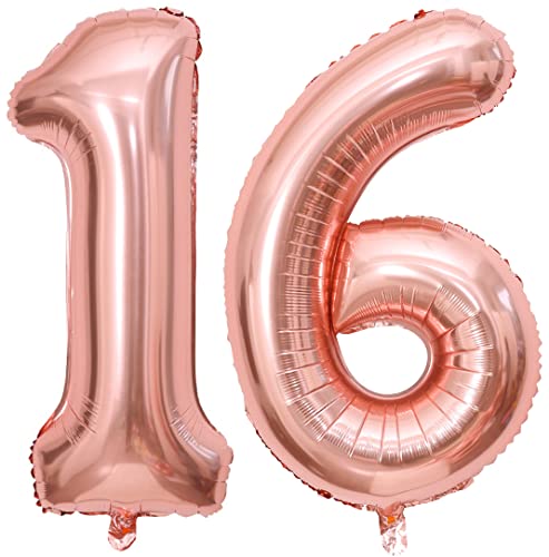 PatiCool Zahlen Luftballon 16 Rosegold, 100cm - 40 Zoll Luftballons Geburtstag, XXL Riesen Folienballon 16 Rosegold Geburtstagsdeko, Helium Ballons Zahlen 16 für Kinder, Junge, Mädchen von PatiCool