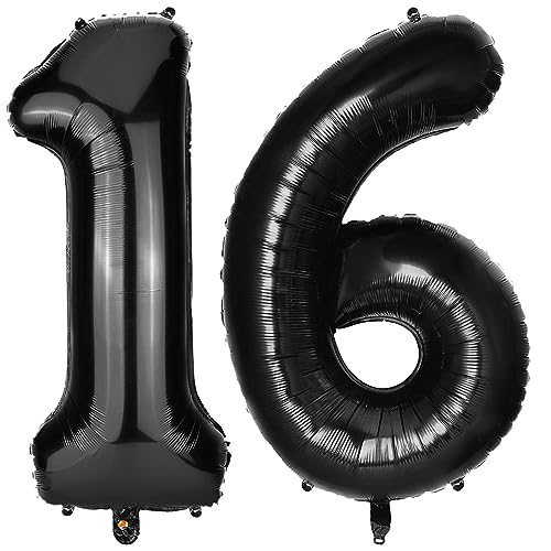 PatiCool Zahlen Luftballon 16 Schwarz, 100cm - 40 Zoll Luftballons Geburtstag, XXL Riesen Folienballon 16 Schwarz Geburtstagsdeko, Helium Ballons Zahlen 16 für Kinder, Junge, Mädchen von PatiCool