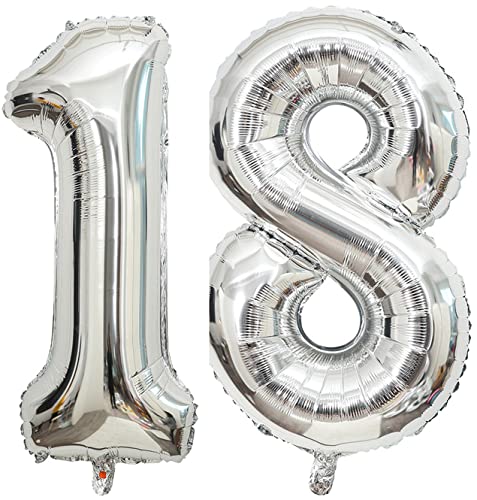 PatiCool Zahlen Luftballon 18 Silber, 100cm - 40 Zoll Luftballons Geburtstag, XXL Riesen Folienballon 18 Silber Geburtstagsdeko, Helium Ballons Zahlen 18 für Kinder, Junge, Mädchen von PatiCool