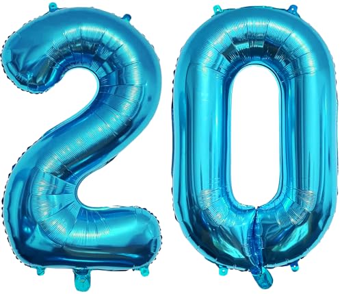 PatiCool Zahlen Luftballon 20 Blau, 100cm - 40 Zoll Luftballons Geburtstag, XXL Riesen Folienballon 20 Blau Geburtstagsdeko, Helium Ballons Zahlen 20 für Kinder, Junge, Mädchen von PatiCool