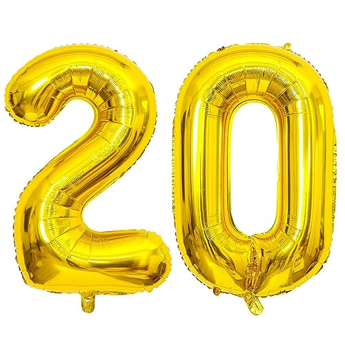 PatiCool Zahlen Luftballon 20 Gold, 100cm - 40 Zoll Luftballons Geburtstag, XXL Riesen Folienballon 20 Gold Geburtstagsdeko, Helium Ballons Zahlen 20 für Frau Mann Jahrestag Deko Geburtstags von PatiCool