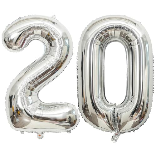 PatiCool Zahlen Luftballon 20 Silber, 100cm - 40 Zoll Luftballons Geburtstag, XXL Riesen Folienballon 20 Silber Geburtstagsdeko, Helium Ballons Zahlen 20 für Kinder, Junge, Mädchen von PatiCool