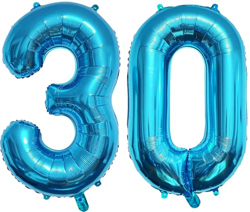 PatiCool Zahlen Luftballon 30 Blau, 100cm - 40 Zoll Luftballons Geburtstag, XXL Riesen Folienballon 30 Blau Geburtstagsdeko, Helium Ballons Zahlen 30 für Frau Mann Jahrestag Deko Geburtstags von PatiCool