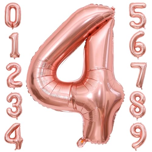 PatiCool Zahlen Luftballon 4 Rosegold, 100cm - 40 Zoll Luftballons Geburtstag, XXL Riesen Folienballon 4 Rosegold Geburtstagsdeko, Helium Ballons Zahlen für Kinder, Junge, Mädchen von PatiCool