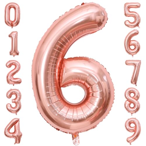 PatiCool Zahlen Luftballon 6 Rosegold, 100cm - 40 Zoll Luftballons Geburtstag, XXL Riesen Folienballon 6 Rosegold Geburtstagsdeko, Helium Ballons Zahlen für Kinder, Junge, Mädchen von PatiCool