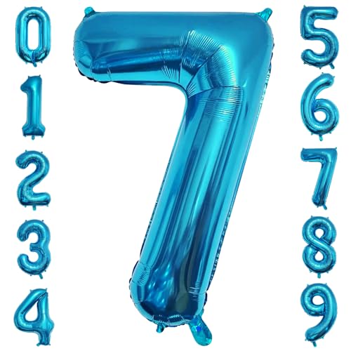 PatiCool Zahlen Luftballon 7 Blau, 100cm - 40 Zoll Luftballons Geburtstag, XXL Riesen Folienballon 7 Blau Geburtstagsdeko, Helium Ballons Zahlen 7 für Frau Mann Jahrestag Deko von PatiCool