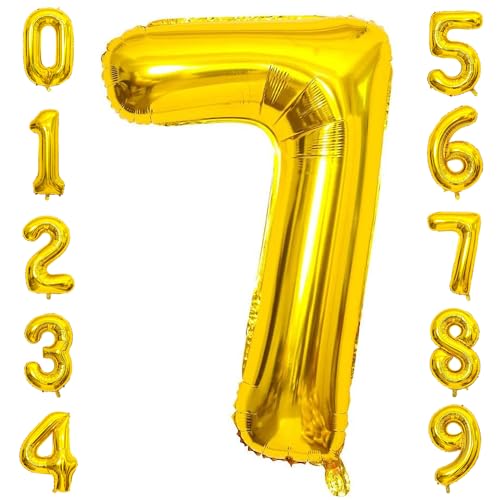 PatiCool Zahlen Luftballon 7 Gold, 100cm - 40 Zoll Luftballons Geburtstag, XXL Riesen Folienballon 7 Gold Geburtstagsdeko, Helium Ballons Zahlen für Kinder, Junge, Mädchen von PatiCool