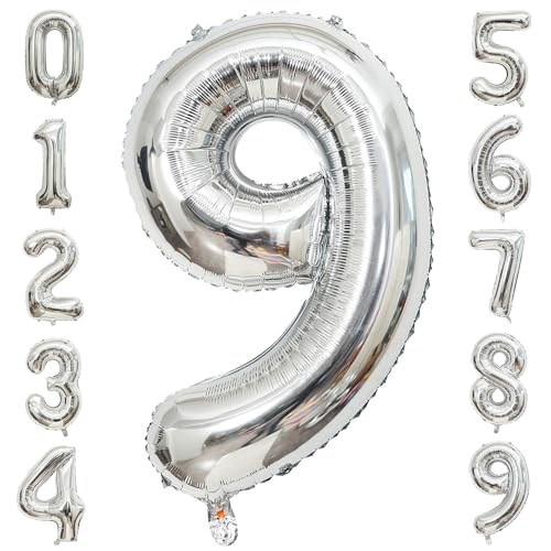 PatiCool Zahlen Luftballon 9 Silber, 100cm - 40 Zoll Luftballons Geburtstag, XXL Riesen Folienballon 9 Silber Geburtstagsdeko, Helium Ballons Zahlen 9 für Frau Mann Jahrestag Deko von PatiCool