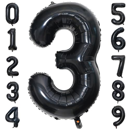 PatiCool Zahlen Luftballon 3 Schwarz, 100cm - 40 Zoll Luftballons Geburtstag, XXL Riesen Folienballon 3 Schwarz Geburtstagsdeko, Helium Ballons Zahlen 3 für Frau Mann Jahrestag Deko von PatiCool