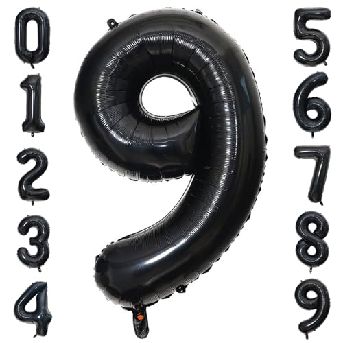 PatiCool Zahlen Luftballon 9 Schwarz, 100cm - 40 Zoll Luftballons Geburtstag, XXL Riesen Folienballon 9 Schwarz Geburtstagsdeko, Helium Ballons Zahlen 9 für Frau Mann Jahrestag Deko von PatiCool