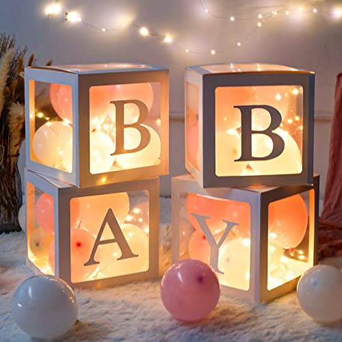 Babyparty Deko Box Mädchen, 30 Rosa Weiße Luftballons, 4 Transparente Ballonboxen mit 4 Lichterketten und 33 Buchstaben (BABY+ONE+A-Z), Baby Shower Deko Boxen für Babyparty, Geburtstags, Gender Reveal von Patimate