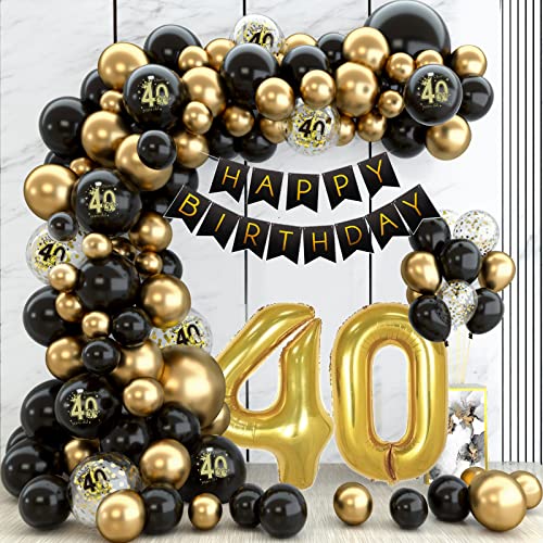 Geburtstagsdeko 40 Geburtstag Junge Mädchen, Schwarz Gold Luftballons Girlande mit zum 40 Geburtstag und Happy Birthday Banner, Schwarz gold Luftballons 40 geburtstag Männer, Happy Birthday Deko von Patimate