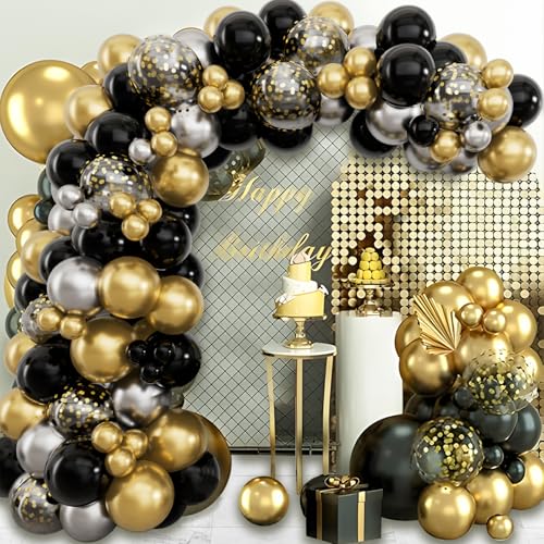 Luftballon Girlande Schwarz Gold Silber, 102pcs Ballon Girlande Geburtstag Schwarz Gold Silber mit Gold Konfetti Ballon für Party Deko Hochzeit Schwarz Gold Graduation Abschlussfeier Prom Neujahr von Patimate