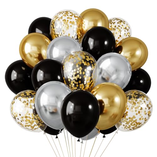 Luftballons Schwarz Gold Silber, 56pcs 12 Zoll Ballon Schwarz Silber Gold mit Gold Konfetti Ballon, Geburtstag Dekoration Schwarz Gold Silber für Graduation Abschlussfeier Prom Neujahr Hochzeit Party von Patimate