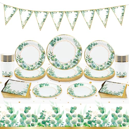 Partygeschirr Plate, Salbeigrüne Pappteller und Serviettenbecher mit Tischdecke und Banner, Babyparty Partyteller, Einwegteller für Geburtstag dekorationen, Babyparty, Hochzeit, Picknick, Partyzubehör von Patimate