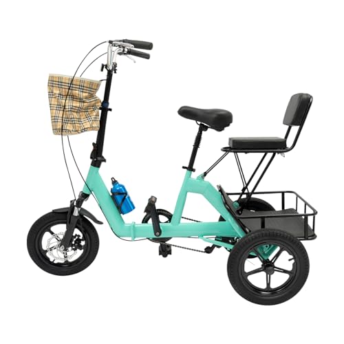 Dreirad für Erwachsene 14 Zoll Faltbares Dreirad Aus Kohlenstoffstahl,Sitzhöhe 77cm bis 85cm,Menschliche Kraft 3 Rad Fahrrad mit Zwei Körbe 3 Rädern Citybike mit Wasserkocherhalter (Cyan) von PattenlLevi