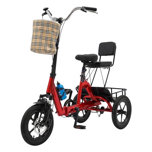 Dreirad für Erwachsene 14 Zoll Faltbares Dreirad Aus Kohlenstoffstahl,Sitzhöhe 77cm bis 85cm,Menschliche Kraft 3 Rad Fahrrad mit Zwei Körbe 3 Rädern Citybike mit Wasserkocherhalter (Rot) von PattenlLevi