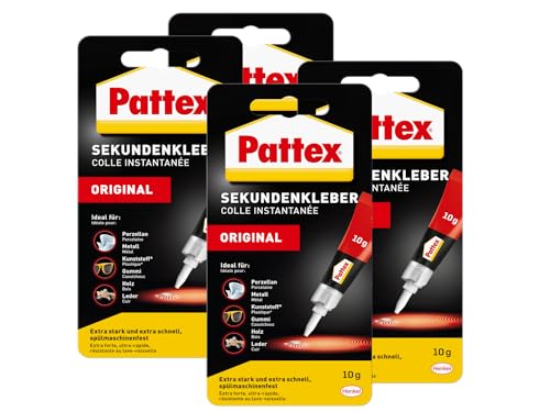 Pattex Sekundenkleber Flüssig, spülmaschinenfester Superkleber für viele Sofortreparaturen, schnelltrocknender farbloser Flüssigkleber, 4x10g von Pattex