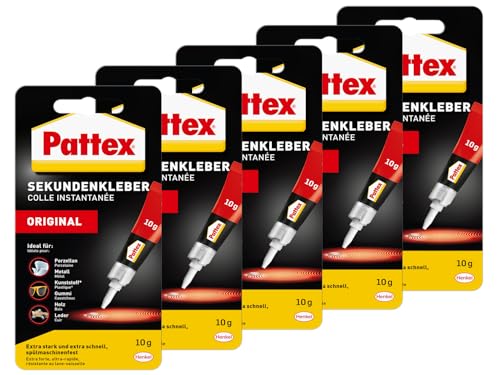 Pattex Sekundenkleber Flüssig, spülmaschinenfester Superkleber für viele Sofortreparaturen, schnelltrocknender farbloser Flüssigkleber, 5x10g von Pattex