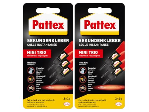 Pattex Sekundenkleber Flüssig Mini Trio, spülmaschinenfester Superkleber in 3 praktischen Tuben, schnelltrocknender farbloser Flüssigkleber, 2x 3x1g, mehrfarbig von Pattex