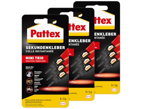 Pattex Sekundenkleber Flüssig Mini Trio, spülmaschinenfester Superkleber in 3 praktischen Tuben, schnelltrocknender farbloser Flüssigkleber, 3x 3x1g, mehrfarbig von Pattex