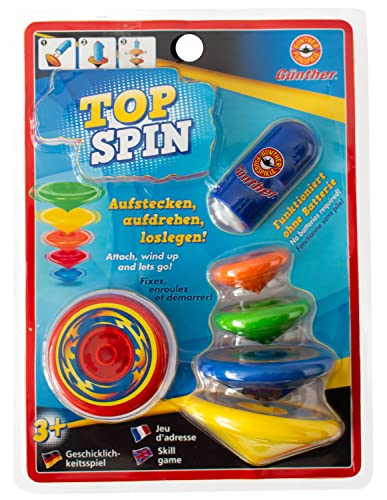 Paul Günther 1560 - Top Spin, Geschicklichkeitsspiel für Kinder ab 3 Jahren, inkl. 5 Kreiseln und Starter, Durchmesser ca. 4 - 8 cm, ohne Batterien, idealer Spielspaß für Kinder und Erwachsene von GÜNTHER FLUGSPIELE