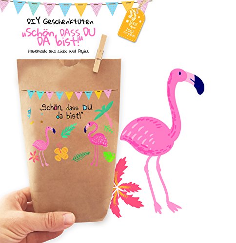 6x wunderschöne FLAMINGO Geschenktüten - Tüten liebevoll bedruckt aus Kraftpapier, zum Verpacken von Geschenken Gastgeschenken Mitgebsel Giveaways Kindergeburtstag Hochzeit Party. 100% recyclebar! von Paul´s Papierfabrik