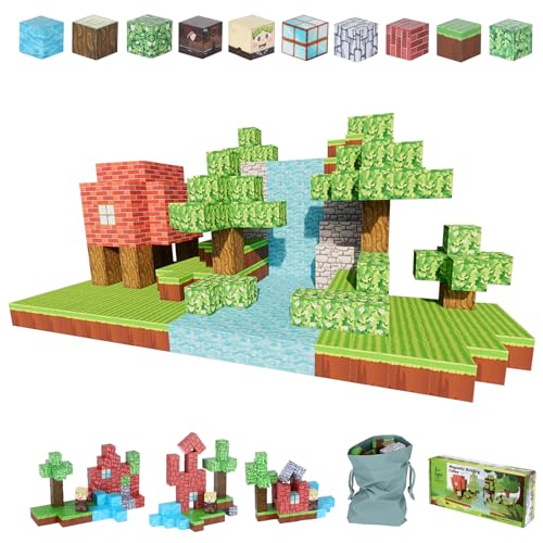 Pavlleen 60 Stück Magnetische Bausteine, Blocks Baue Meine Magnete Welt Set, Holzfäller Abenteuer Spiel für Jungen und Mädchen, für Jungen und Mädchen ab 3 Jahren,Kreative Kinderspiele Kinderspielzeug von Pavlleen