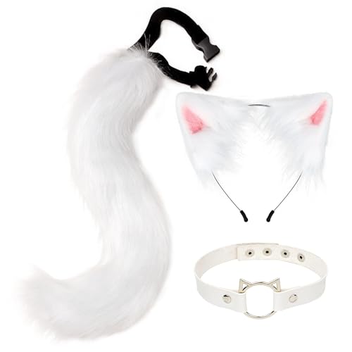 Paxrmuky Katzen Fuchs Werwolf Kostüm Damen Set mit Plüsch Katzenohren Haarreif, Katzenschwanz und Halsband für Halloween, Karneval, Kostümfest Cosplay, Tierkostüm Erwachsene Party Zubehör,Weiß 02 von Paxrmuky