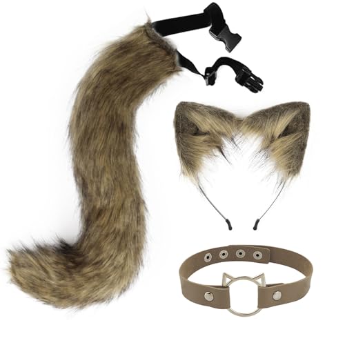 Paxrmuky Katzen Fuchs Werwolf Kostüm Damen Set mit Plüsch Katzenohren Haarreif, Katzenschwanz und Halsband für Halloween, Karneval, Kostümfest Cosplay (Gras gelb) von Paxrmuky