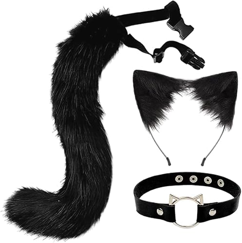 Paxrmuky Katzenohren Haarreif, Katzenkostüm Damen Erwachsener Set mit Plüsch Schwarz, Katzenschwanz und Katzenohren Halsband für Halloween, Karneval, Kostümfest, Katze Cosplay von Paxrmuky